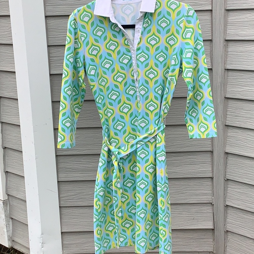 J McLaughlin Printed Shirt Dress in Aqua & Lime